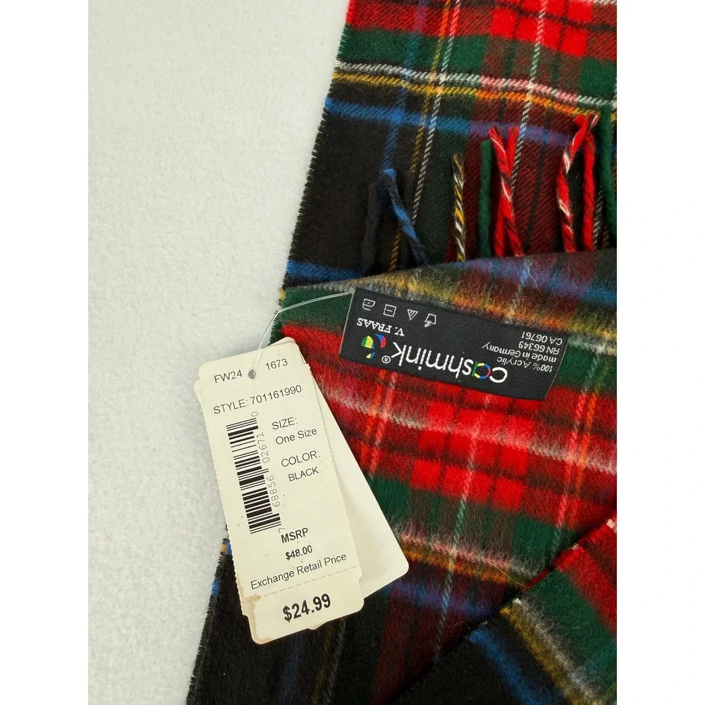 V.‎ Fraas Scarf Unisex OS Black Plaid Cashmink Acrylic Fringe Made in Germany